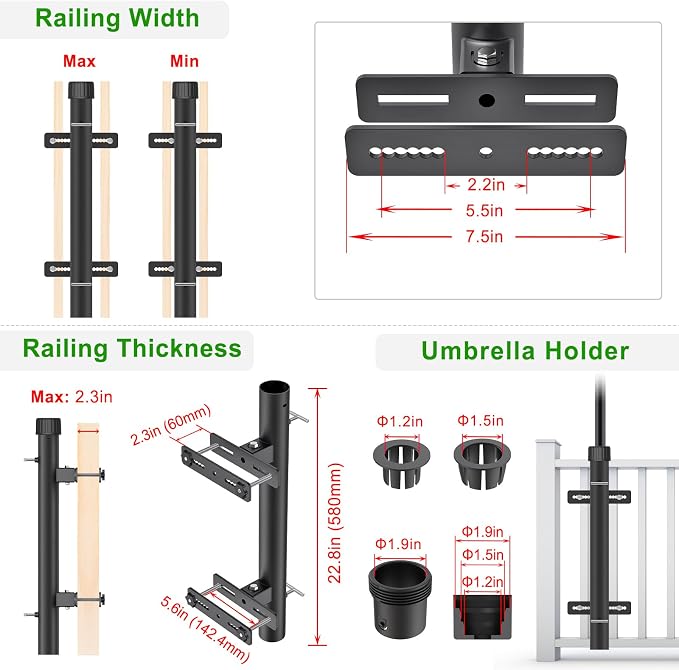 Dolibest Heavy Duty Patio Umbrella Holder, Space Saver Umbrella Holder, Adjustable Umbrella Deck Mount for Railing, Full Welded Construction-Sturdy and Easy to Install for Patio, Deck, Poolsid