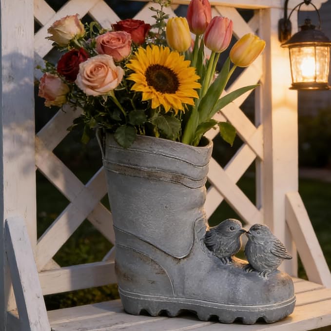 Funny Plant Pots Indoor Outdoor Cement Rain Boot Shaped Planter with Birds Decorative Pot for Flower Succulent Cute Fun Planters Garden Porch Patio Farm Decor Gift for Women