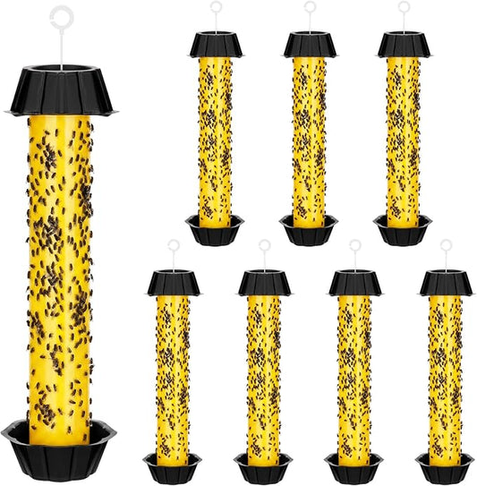 Qualirey 8 Pcs Sticky Fly Trap Fly Stick Indoor Outdoor Long Lasting Hanging Flies Bug Catcher Paper Tape Strips with Hook for Wasps Gnats Bug Insects Fruit Flies Mosquitoes (Stylish-1,Yellow)