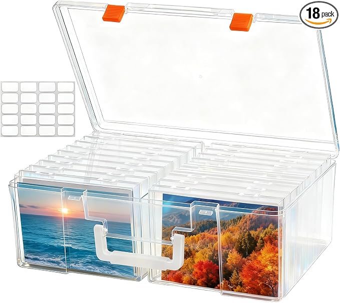 NINU Photo Storage Box with Handle, 5" x 7" Photo Organizer Storage Container with 18 Inner Case and 1 Sheet Blank Labels for Pictures, Arts, Crafts, Sewing, Seeds, Office Supplies (Clear)