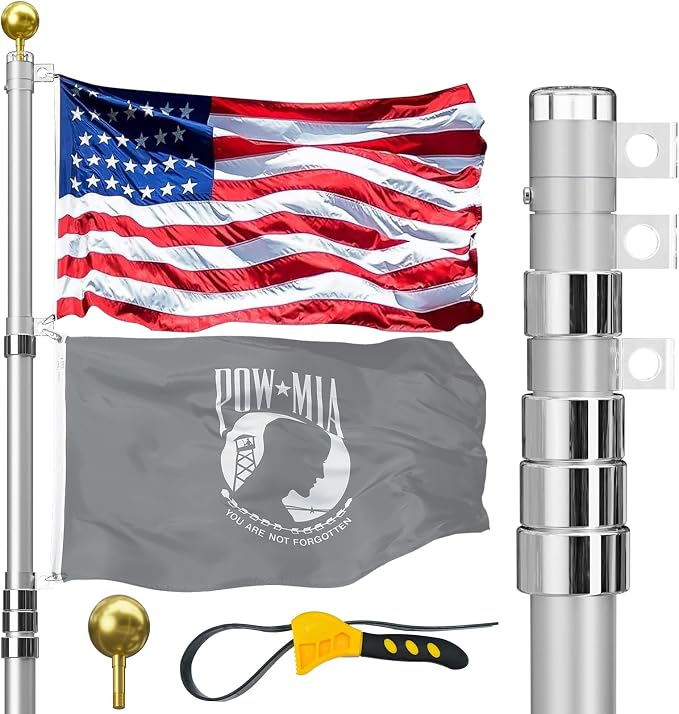 25FT Telescoping Flag Pole for Outside House, Extra Thick Telescopic Flagpole with USA Flag, Inground Outdoor Use, Camper RV, Residential & Commercial, Complete Hardware & Top Ball (Silver)