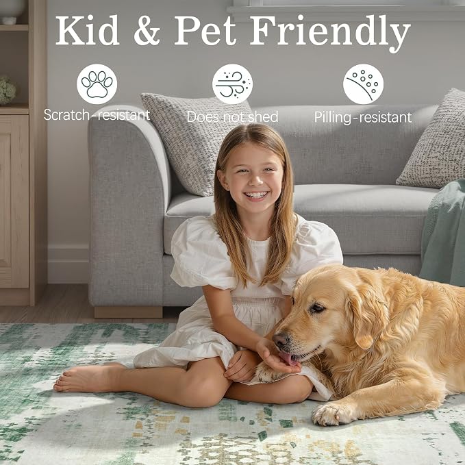 DCX Washable Abstract Area Rug 2x8, Non Slip Low Pile Rug, Sage Green | Easy to clean, non-shedding, soft, kid & pet friendly, with a non-slip rubber backing for living rooms, bedrooms, and offices