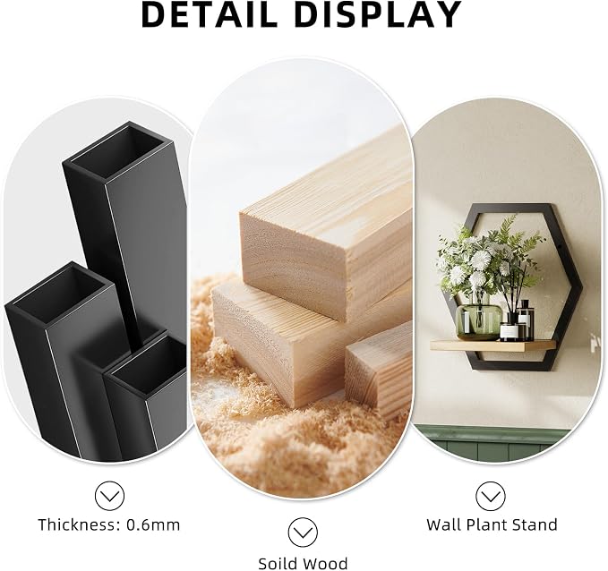 2 Pack Solid Wood & Metal Framework Wall Plant Stands,9 inch Natural Wood Shelf of Indoor,Mid Century Modern Hanging Planter for Outdoor Entryway 25 LB Load for Plants Black