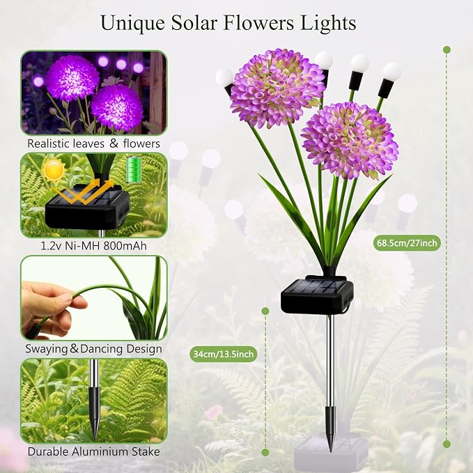 Solar Lights Outdoor Waterproof, 4 Pack Purple Solar Firefly Swaying Lights with Flowers, Flower Light Garden Decor for Halloween Christmas Outside Yard Patio, Gifts for Women Grandma