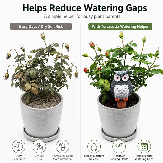 Terracotta Watering Spikes 4 Pack, Cute Self Watering Plant Spikes, Clay Plant Watering Devices, Slow Release Self Watering Planter Insert for Indoor Outdoor Potted Plants (Owl) | Porous terracotta, Top refill design, Decorative owl shape, Easy plant care