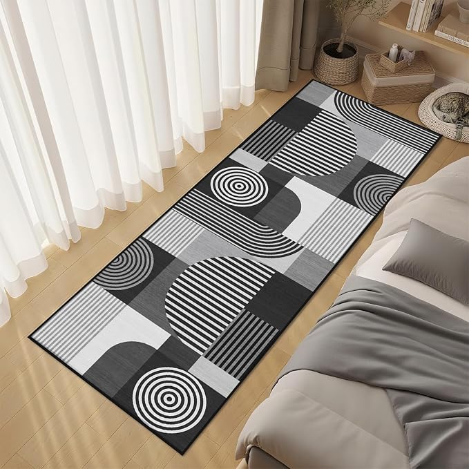 Grey Geometric 2x6 Runner Rug for Hallway Kitchen Bedroom Black White Mid Century Modern Machine Washable Rug Non Slip Low Pile Gray Minimalist Runner Rugs Long Floor Mat Carpet for Laundry
