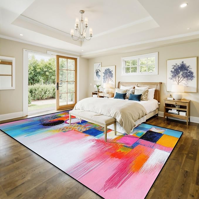 10x14 Area Rugs for Living Room Abstract Orange Pink Colorful Yellow Blue Red Texture Bold Strokes Washable Large Area Rug for Bedroom Non Slip Outdoor Carpets Soft Mats Kitchen Home Office Decor