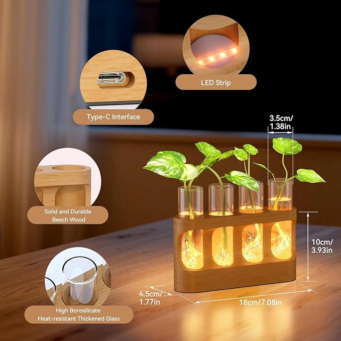 Plant Propagation Station with Wooden Stand, Gardening Gifts for Plant Lovers, 9-Level Dimmable LED Light 4 Glass Test Tubes Vases for Hydroponic Plants - Desktop Terrarium for Home Decor
