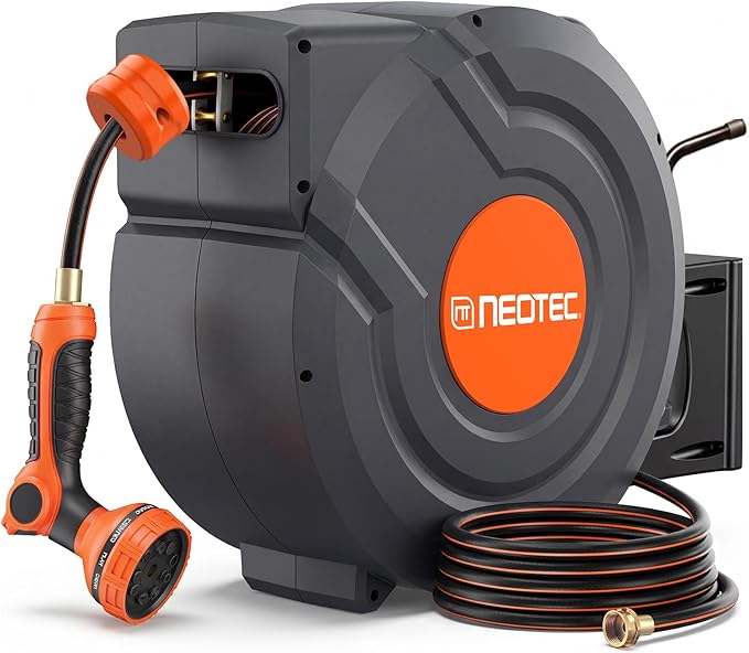 Upgraded Retractable Garden Hose Reel 1/2 inch x 155 ft Metal Bracket Wall-Mounted 9 Pattern Nozzle Any Length Lock Automatic Slow Return 180° Swivel UV Resistant Heavy Duty Hose Reels for Outside