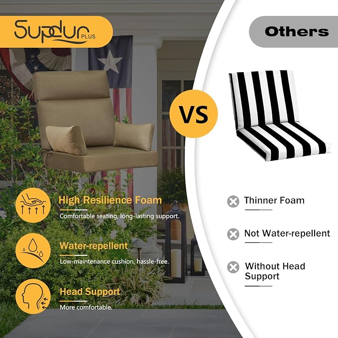 Sunbrella Outdoor High Back Chair Cushion, 2 Pack 48 x 24 inches Patio Chair Cushions Water Repellent Rocking Cushions Indoor Furniture Seat Pad with 2 Pillows, Specrtum Caribou