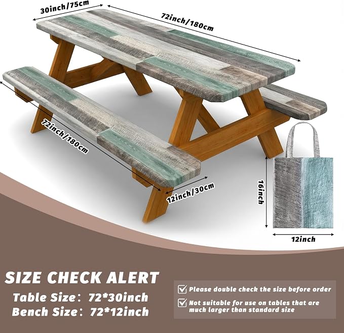 Picnic Table Cover with Bench Covers Elastic Edges Camping Essentials 4 Pcs Wood Grain Green Waterproof Oil-Proof Tablecloth with Handbag for RV Accessories Farmhouse Camping Rustic Party Decor 72 IN