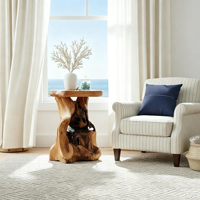 WELLAND Natural Tree Stump Stool, 19'' Tall Side Table, Live Edge End Table, Natural Edge Accent Table, Plant Stand for Living Room, Bedroom