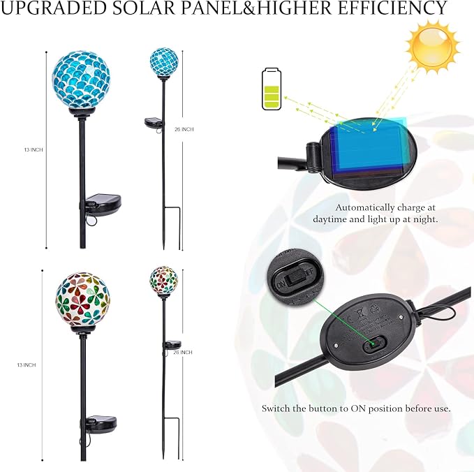 VCUTEKA Decorative Solar Garden Lights, 3.5" Mosaic Globe Stake 2 Pack | Mosaic Glass Design, Solar LED Light, Weather Resistant, Auto On/Off and Metal Stake Design for Lawn and Patio