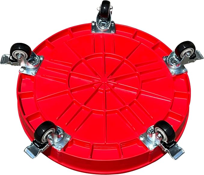 ELAFROS 30 Gallon and 55 Gallon Heavy Duty Plastic Drum Dolly – Durable Plastic Drum Cart 900 lb. Capacity- Barrel Dolly with 5 Swivel Casters Wheel, Red, with Brake