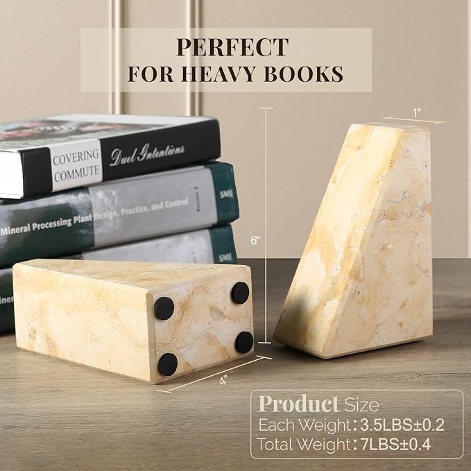 Koville Marble Bookends for Shelves, Large Bookends for Heavy Books, Non-Slip Heavy Duty Book Stopper for CD/Movies, Aesthetic Decorative Bookends for Shelves Table Home Decor(Gold)