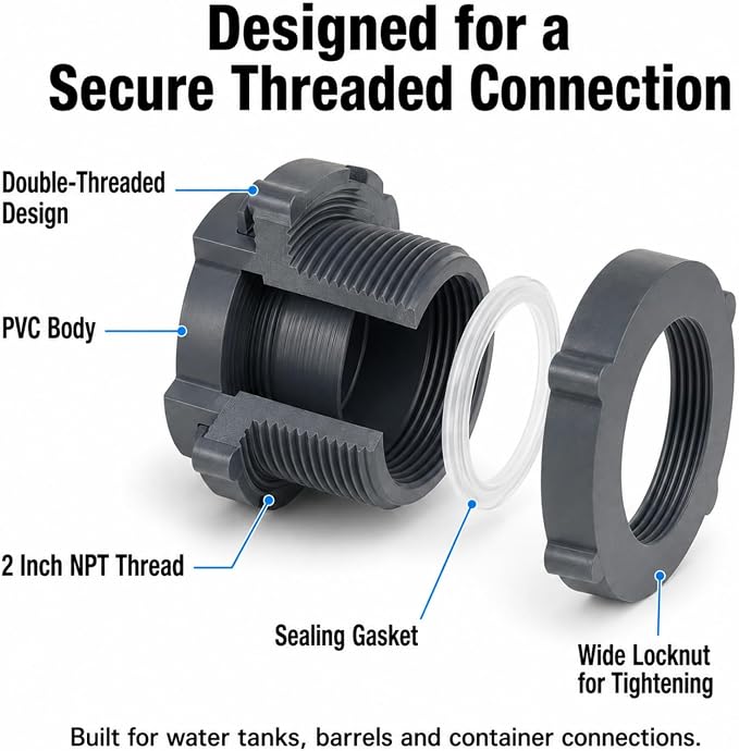 YOUNTHYE 8 Pack 2 Inch PVC Bulkhead Fitting, Double Threaded NPT Water Tank Connector, Bulkhead Pipe Adapter for Rain Barrels, Aquariums, Ponds, Tubs and Water Storage Projects