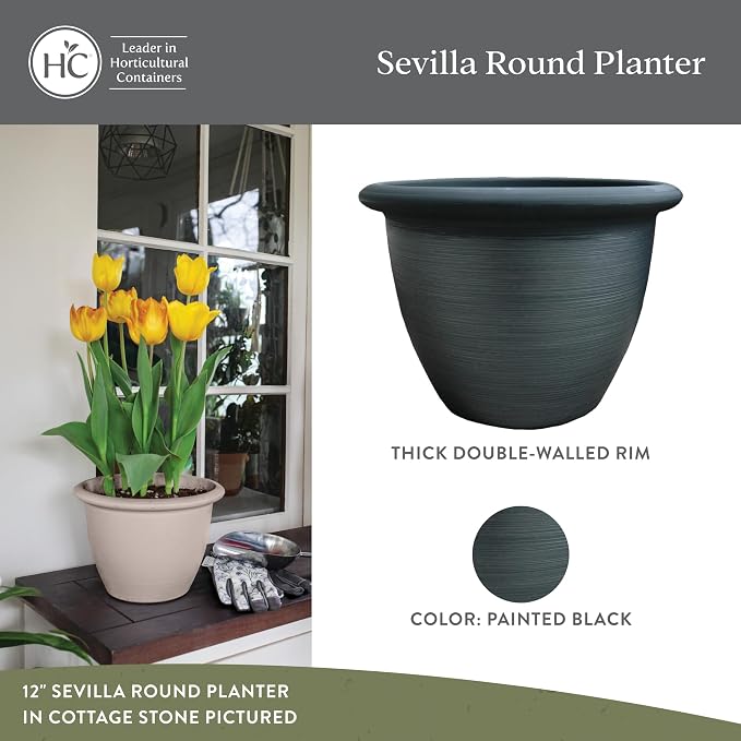 The HC Companies Sevilla Flower Planters - Outdoor & Indoor Planter - Round Self Watering Plant Pots for Herbs & More (16”, Painted Black, Pack of 2)