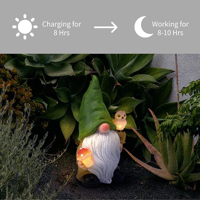 Garden Gnome Outdoor Decoration Solar Gnomes Statue with Owl LED Lights,Terrace Courtyard Lawn Patio Porch Fall Decoration Halloween Christmas Housewarming Gift for Mom Woman
