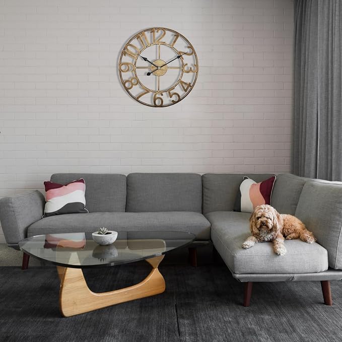 Large Outdoor Clock Waterproof, 20 Inch Patio Wall Clock Silent Non-Ticking Battery, Retro Vintage Gold Metal Decorative Clock for Farmhouse Living Room, Kitchen, Office