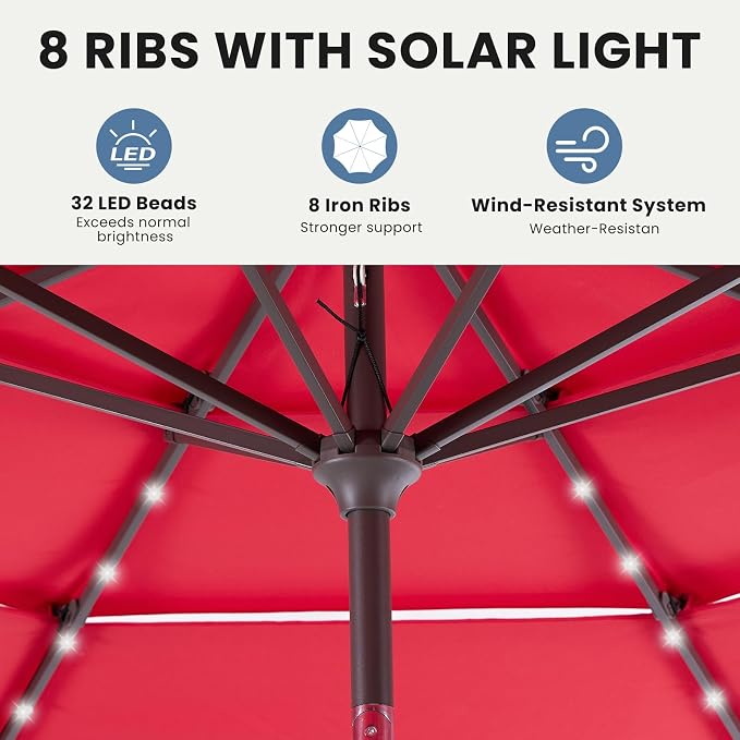 DUMOS Outdoor Solar Patio Umbrella 3 Tiers with 32 LED Lights, Beach Market Table Umbrella with Crank and 8 Sturdy Ribs for Pool, Terrace, Restaurant