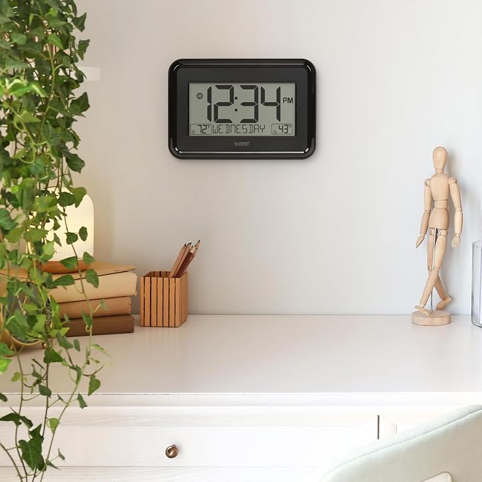 La Crosse Technology 513-1412 Black Digital Wall Clock with Indoor & Outdoor Temperature