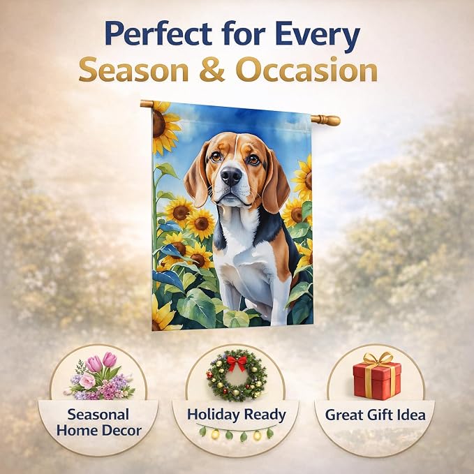 Caroline's Treasures DAC6019CHF Beagle in Sunflowers House Flag Large Porch Sleeve Pole Decorative Outside Yard Banner Artwork Wall Hanging, Polyester, House Size, Multicolor