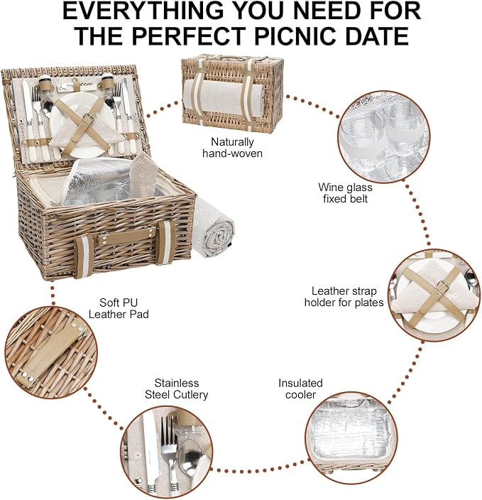 G GOOD GAIN Picnic Basket for 2 - Wicker Picnic Set with Waterproof Blanket| Large Picnic Hamper with Insulated Cooler & Cutlery Kit for Couples Camping,White Flower,15x11x7.5inch