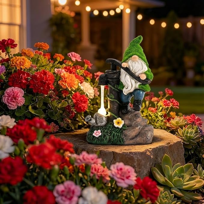 TERESA'S COLLECTIONS Garden Decor, Garden Gnomes Pumping Water,Gnomes Decor, Waterproof Resin with Solar Lights, Garden Decor, Garden Gifts for Mom,Indoor/Outdoor,9"