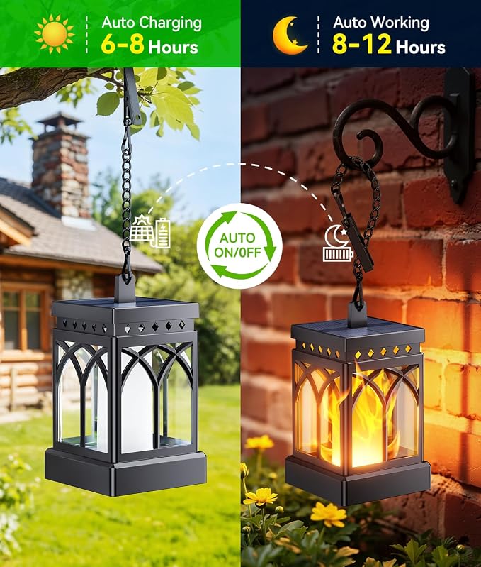 KOOPER 4 Pack Solar Lanterns Outdoor Waterproof, Upgraded Flickering Flame Modes + Constant Modes Hanging Solar Lantern Lights for Outside, Lanterns Decorative Outdoor for Garden Table Yard Tree Decor