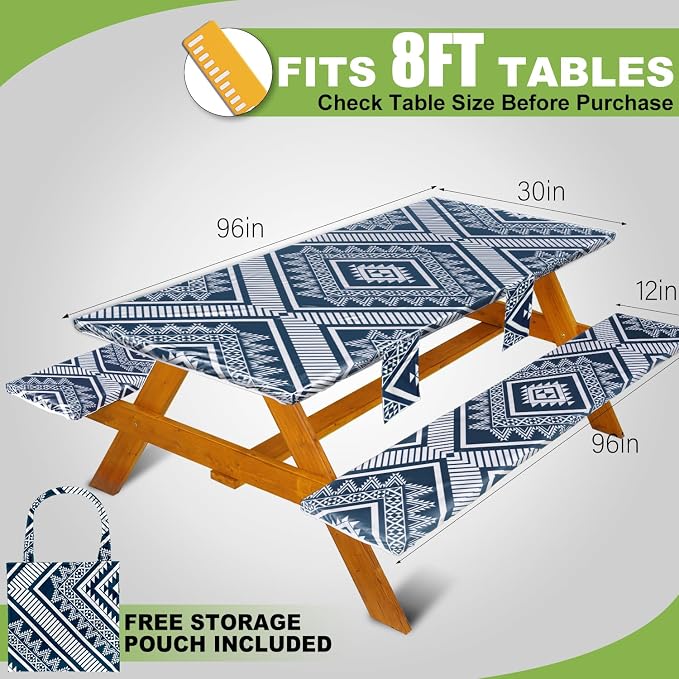 Fitted Picnic Table Cover with Bench Covers Waterproof Elastic Edges Rectangle Patio Tablecloth Outdoor Camping Essentials Stuff Rv Accessories Summer Trip Travel Camper Gifts for Woman Men, 96in 8 ft