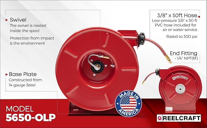 REELCRAFT 5650 OLP 3/8INX50 300 PSI Premium Duty All Steel Spring Retractable Compact H
