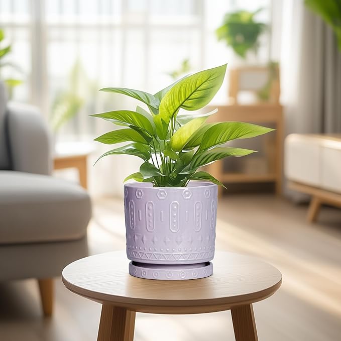 Eightpot Ceramic Pots for Plants, 6 Inch Plant Pot for Indoor Outdoor Plants, Round Planter with Drainage Holes and Saucer, Boho Decorative Flower Pots, Apartment Decor, Plant Lover Gifts, Purple
