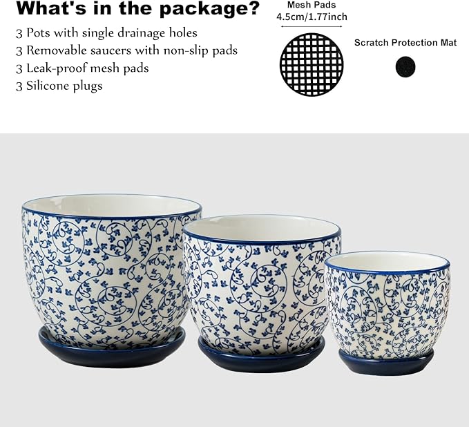 Ceramic Plant Pots - 3.5"+4.5"+5.6" Flower Pots with Drainage Holes and Saucers - Planters for Indoor Plants Orchid, Cactus, Herbs, Succulent, Home Office, Set of 3, Vintage Blue, Scroll