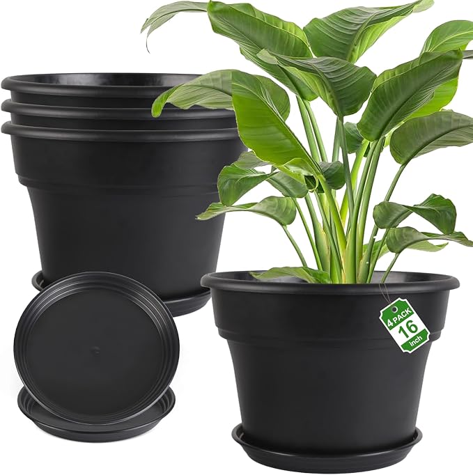 Myfeegoin 16-inch-Plant-Pots, 4 Pack Large Planters for Outdoor Plants, Plastic Flower Pots Indoor with Drainage Holes & Trays, Classic Garden Pot Container for House