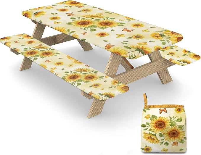 Picnic Table Cover with Bench Covers Elastic Edges, 3 Pcs Sunflower Fitted Table Cover with Drawstring Bag, Waterproof Windproof Aesthetic Camping Tablecloth, Outdoor Camping Essentials 72 Inch