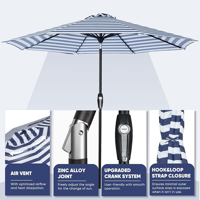 Tempera Patio Market Outdoor Table Umbrella with Auto Tilt and Crank, Large Sun Umbrella with Sturdy Pole & Fade Resistant Canopy, Easy to Set