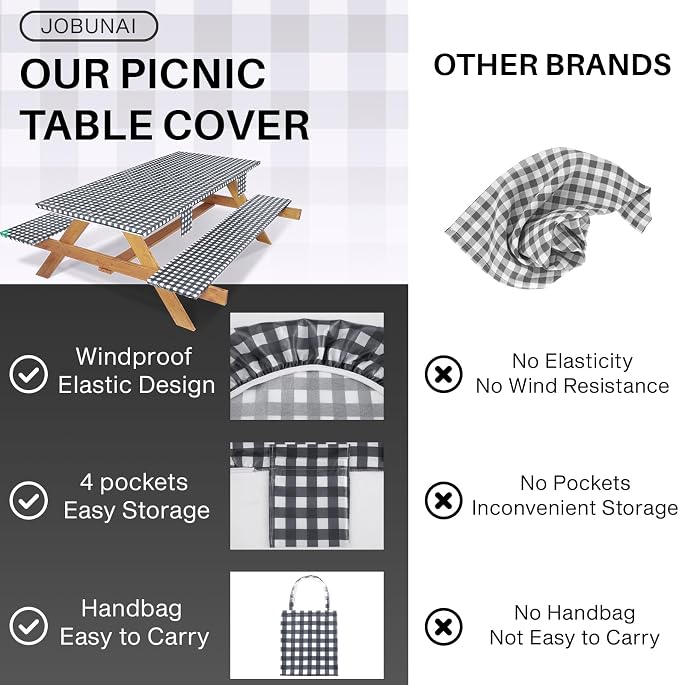 Jobunai 3 Piece Fitted Elastic Picnic Table Cover with Bench Covers 96x30 Inch Weather Proof Outdoor Table Cloth Summer Motorhome Patio Vacation Things White Elephant Gifts for Her Who Have Everything