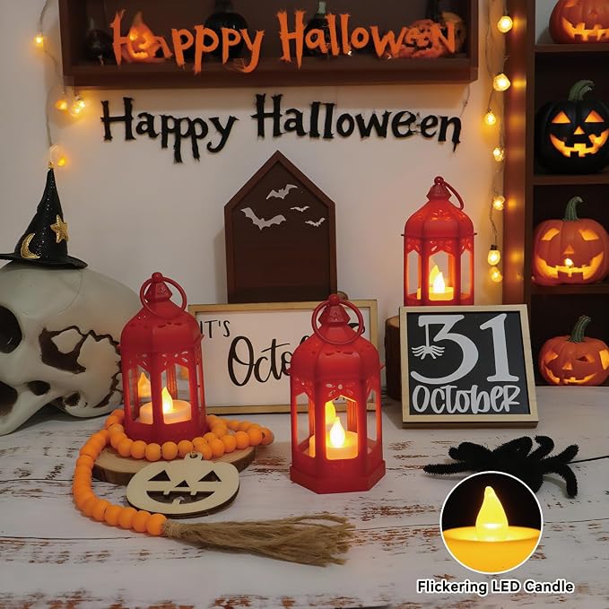 LLQ 8 Pcs Mini Lantern Decor Moroccan Lantern with Flickering LED Candle Table Centerpiece Small Vintage Christmas Hanging Lamp Ornaments Bulk for Wedding Halloween Christmas Party (5 Inch,Red)