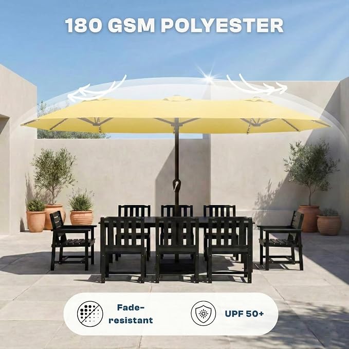 15FT Large Patio Umbrella with Base Included, Double Sided Outdoor Market Umbrella with Flexible Fiberglass Ribs, UV-Blocking Extra Large Umbrella for Garden, Pool, Deck, Sunshine Yellow