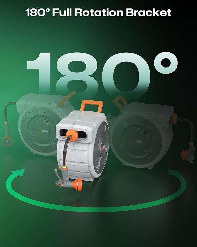 Retractable Garden Hose Reel 1/2"x150ft, 3-Ply Reinforced Heavy Duty Garden Hose Reel, Kink-Free Rewind and Lock at Any Length, Rust Prevention Metal Mount, 180° Swivel Bracket for Lawn & Gardening