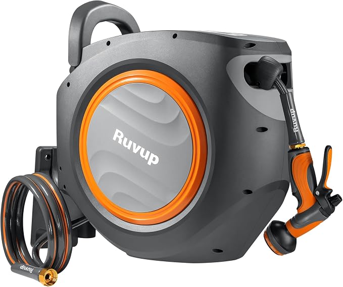 Ruvup Retractable Garden Hose Reel, 1/2” x 110ft+6.5ft Automatic Water Hoses Reels for Outside with 10 Pattern Nozzle, UV Resistant Wall Mount Slow Retraction Any Length Lock 180° Swivel Bracket