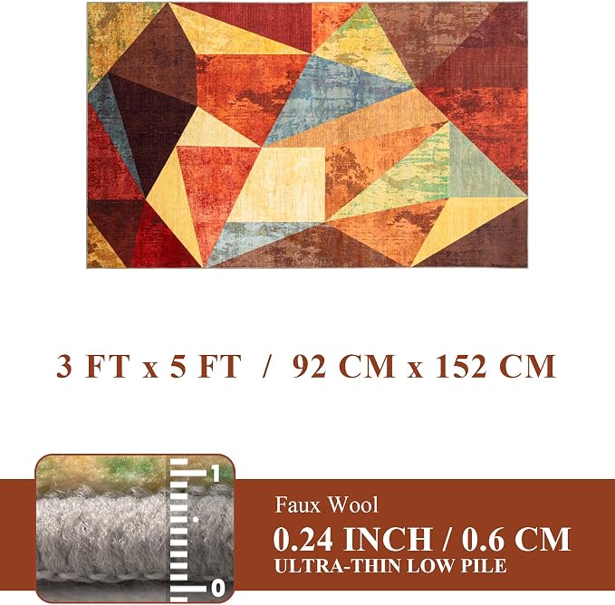 Brown Rustic Area Rugs 3x5,Geometric Burnt Orange Area Rug Non Slip,Farmhouse Rugs Washable,Burgundy Carpets for Bedroom, Boho Rug for Kitchen,Dining Room