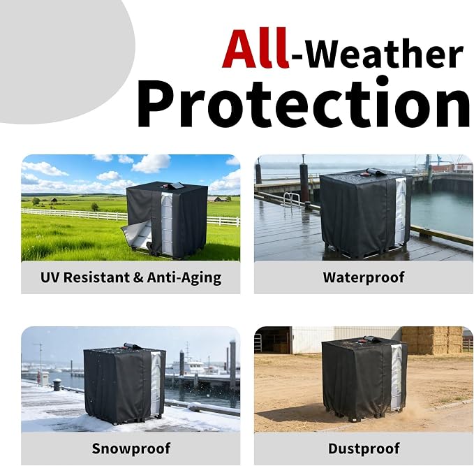 IBC Tote Cover - Heavy Duty 420D Silver Coated All-Weather Waterproof Oxford with UV Protection, Fits 1000L & 275 Gallon IBC Container & Rain Barrel for Outdoor Dust, Sun, Rain Protection