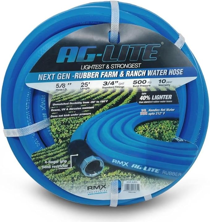 AG-LITE BSAL5825 5/8" x 25' Hot/Cold Water Rubber Garden Hose, 100% Rubber, Ultra-Light, Super Strong, 500 PSI, 50F to 190F Degrees, High Strength Polyester Braided