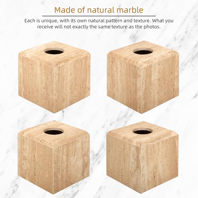 Natural Marble Square Tissue Box Cover,Stone Modern Decorative Sturdy Napkin Box Holder Case,Facial Paper Organizer for Bathroom Vanity Toilet Countertop,Kitchen (1, Travertine, 5.71 * 5.71 * 5.51)