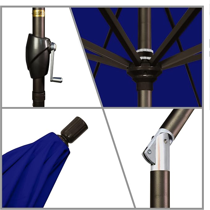 California Umbrella 9' Round Aluminum Market Umbrella, Crank Lift, Push Button Tilt, Bronze Pole