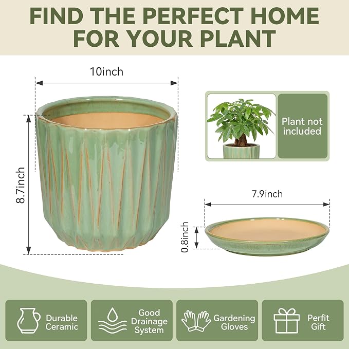 10 Inch Ceramic Planter Pot with Saucer Drainage Leak-Proof Mesh,Flower Pots for Indoor Plants with Gardening Gloves,Ceramic Planter(Light Green)