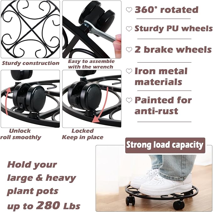 13.5" Metal Plant Caddy with Wheels 5 Packs Large Rolling Plant Stands Indoor Wheeled Plant Dolly Heavy-duty Planter Mover Roller Base Outdoor Plant Trolley Cart Water-proof, Plant Saucers on Wheels