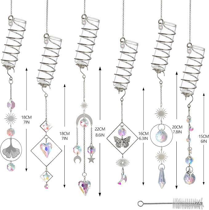 6Pcs Wall Hanging Glass Propagation Station with Crystal Planter Suncatcher | Hanging Propagation Vases for Wall Indoor Plants Hydroponics Mini Test Tube Flower Vase with Metal Chain for Home Decor