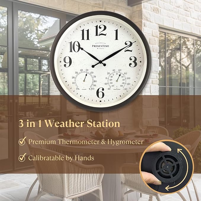 Presentime & Co 16" Farmhouse in/Outdoor Clock, Wall Clock & Weather Station, Weather Thermometer, Wall Décor and Timepiece for Farmhouse Decoration, Oil Rubbed Bronze Finish